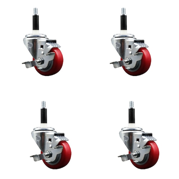 Service Caster 3'' SS Red Poly Swivel 7/8'' Expanding Stem Caster Set with Brake, 4PK SCC-SSEX20S314-PPUB-RED-TLB-78-4 - main